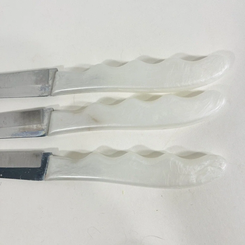 3 Robinson Hollow Ground Knife Set‎ White Pearl Handle Stainless Steel Vtg MCM